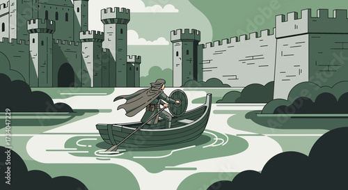 Medieval Warrior's Journey by River to a Castle Fortress Illustration Artwork