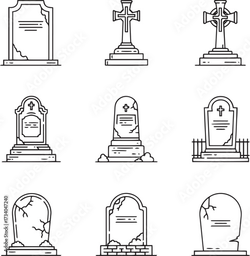 A collection of nine black and white line art icons depicting various gravestones and tombstones, including traditional rectangular stones, rounded headstones,