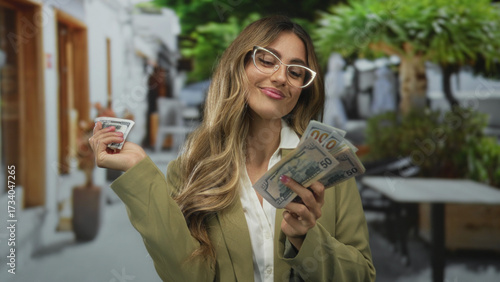 Wallpaper Mural Business woman fanning a stack of dollar banknotes with her hands at outdoor cafe; wealth confidence success prosperity ambition achievement aspiration motivation determination affluence. Torontodigital.ca