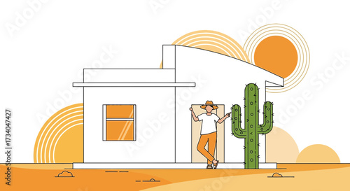 Minimalist desert home scene with cactus man and modern architecture in bright sunshine