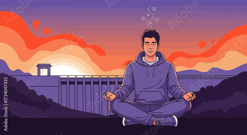 Mindfulness and serenity: A tranquil cartoon illustration of a man meditating at sunset near a dam