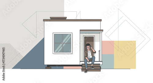 Minimalist illustration of a man sitting on steps of a tiny house with geometric background