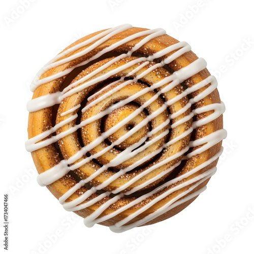 Cinnamon roll with icing drizzle showcasing swirls of dough and spice Baked treat isolated on black for a warm and inviting visual