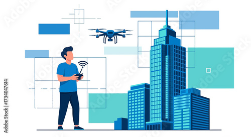 Modern city landscape with drone operation and high-rise building depiction illustration
