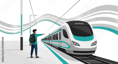 Modern High-Speed Train Illustration with Passenger Waiting on Platform for Travel Transportation