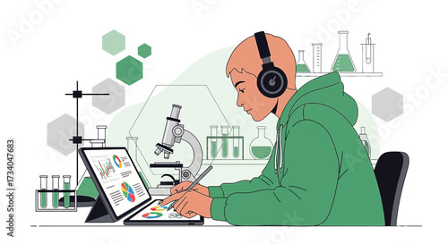 Modern illustration of a student learning science online with tablet and headphones in laboratory