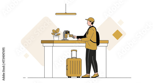 Modern Illustration of a Traveler Checking in at a Hotel Reception Desk with Luggage Ready for