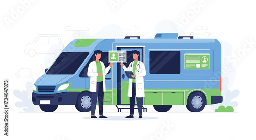 Modern Mobile Healthcare Unit with Doctors Providing Telemedicine Services in a Vehicle