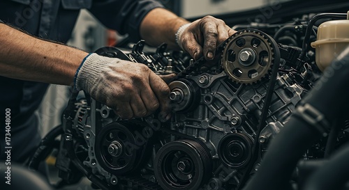 Automotive Engine Repair: Mechanic Working on Vehicle Timing System