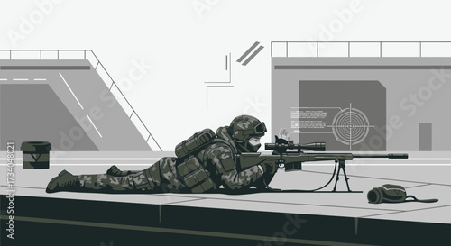 Monochromatic digital illustration of a sniper aiming with precision in an urban warfare scenario
