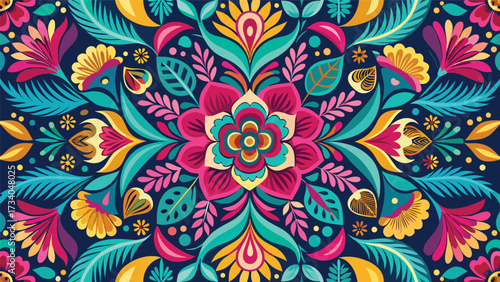 Vibrant folk art floral mandala pattern with intricate symmetry and rich colors
