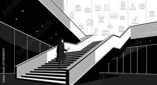 Monochrome illustration of a man ascending a grand staircase with architectural icons