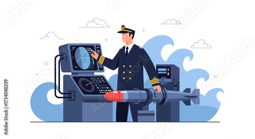 Naval officer monitoring sonar and controlling torpedo launch in ocean environment