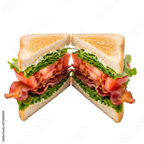 Delicious bacon lettuce and tomato sandwich on toasted bread cut in half revealing layers of fresh ingredients Mouthwatering meal