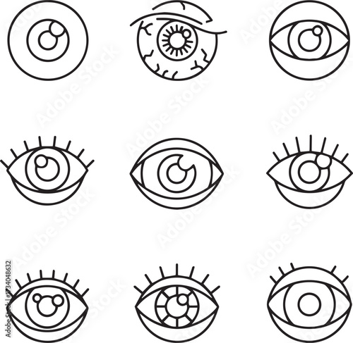 A collection of nine black and white line art icons depicting various eyes and eyeballs in different styles, some with eyelashes, irises, and exaggerated pupils.