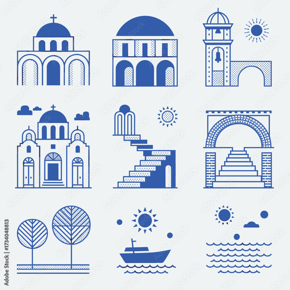Fototapeta premium Minimalist Blue Greek Island Architecture and Landscape Illustrations