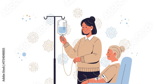 Nurse administering iv drip to elderly patient in hospital setting flat vector illustration