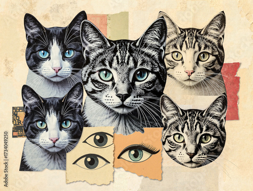 Surreal collage of cat faces with smooth textures and torn edges