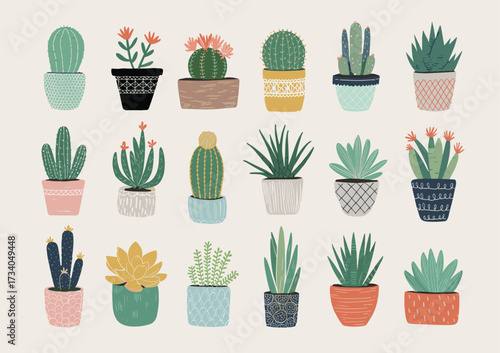 Hand-Drawn Succulent and Cactus Collection on Beige Background