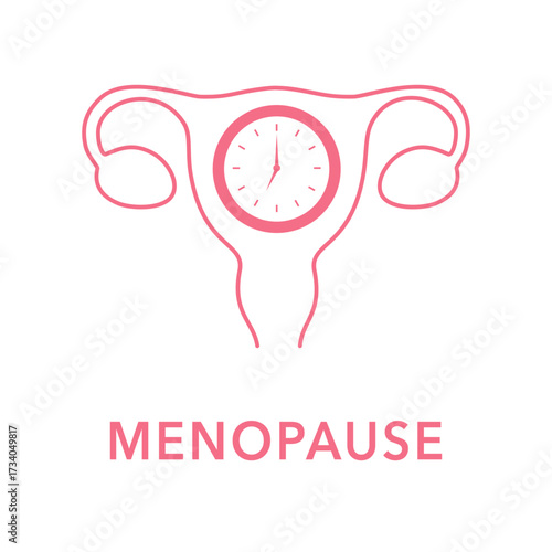 Menopause Icon. Simple line illustration of a uterus with clock representing menopausal transition and reproductive health.