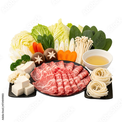 Wallpaper Mural Delicious and colorful set with thinly sliced meat various veggies noodles and soup for a healthy and comforting hot pot meal Torontodigital.ca