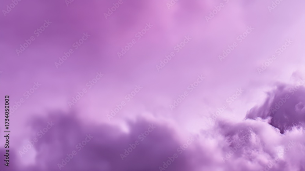 Fototapeta premium A beautiful, vibrant sky filled with soft, voluminous clouds in shades of purple, lavender, and pink, creating an ethereal and dreamy atmospheric background, blurred purple background
