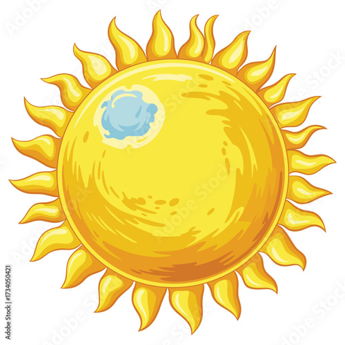 Vibrant Yellow Sun with Flames and Sunspots Illustration