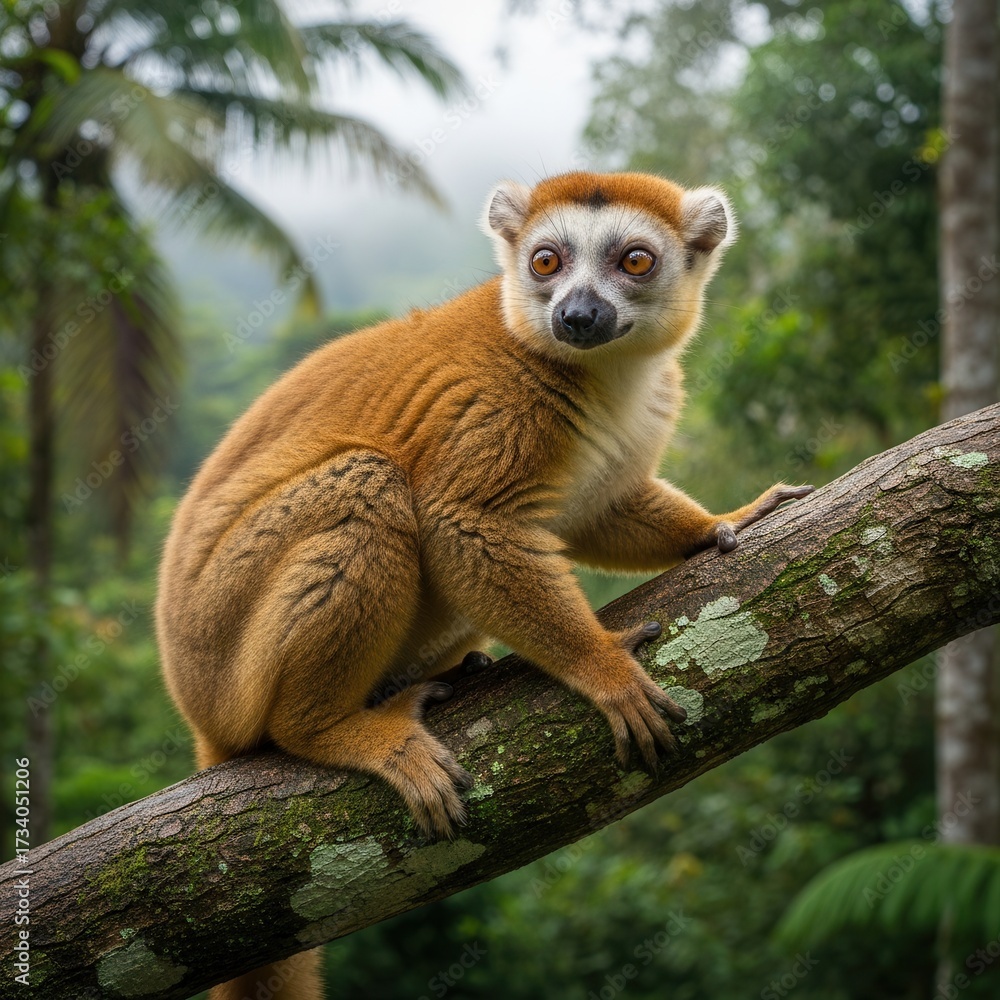 Obraz premium Brown Lemur Perched on Branch in Lush Green Forest