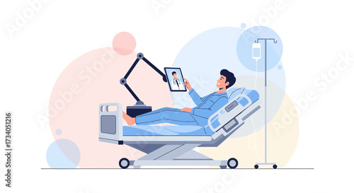 Patient receives virtual medical care using a tablet while lying in a hospital bed