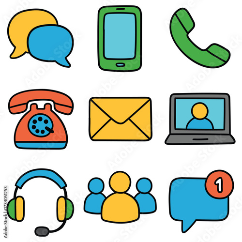 Hand-drawn cartoon communication icon set isolated on white background. Chat, mobile phone, handset, landline telephone, envelope, video call, headphone, people, message. Vector illustration.
