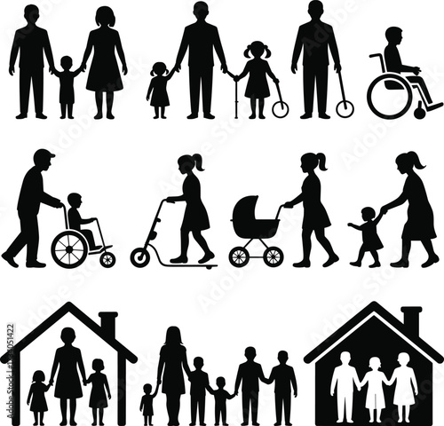 Diverse family silhouettes in various activities and home settings people parents