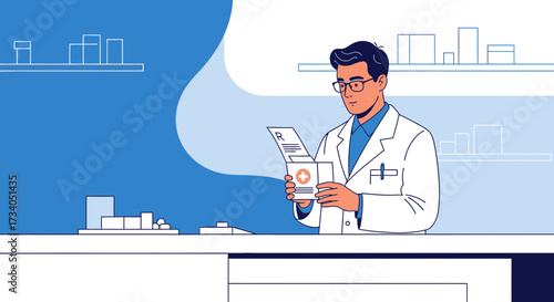 Pharmacist checking prescription in a modern pharmacy illustration ideal for healthcare marketing