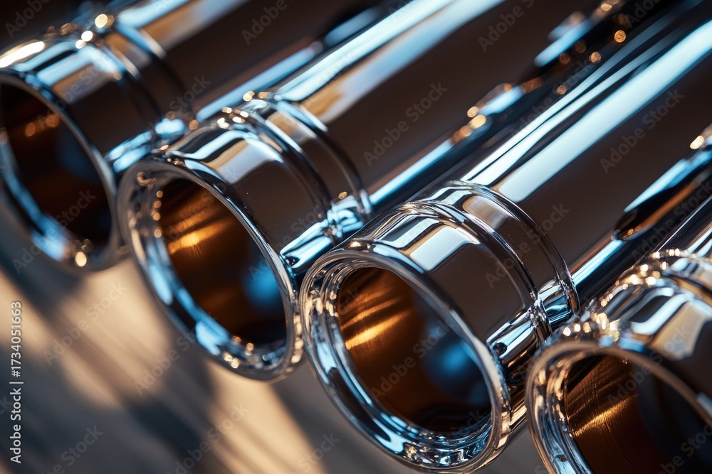 Naklejka premium Close-up of sleek, gleaming chrome exhaust tips, reflecting intricate light patterns. Their metallic surfaces showcase meticulous automotive detailing and modern design.