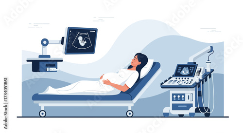 Pregnant woman undergoing ultrasound scan with baby image showing on screen health checkup
