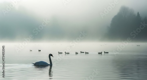 Fototapeta Naklejka Na Ścianę i Meble -  Misty Morning Swan and Ducks on a Serene Lake.