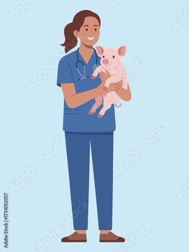 Caring Veterinarian Holding Happy Piglet in Scrubs