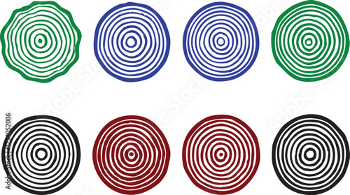 Circle design vector set with tree ring style round line textures in two rows