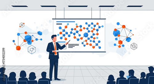 Presentation on molecular structure with audience in a lecture hall environment
