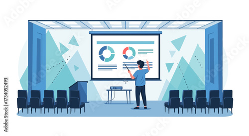 Professional business presentation in a conference room with audience chairs and a presenter