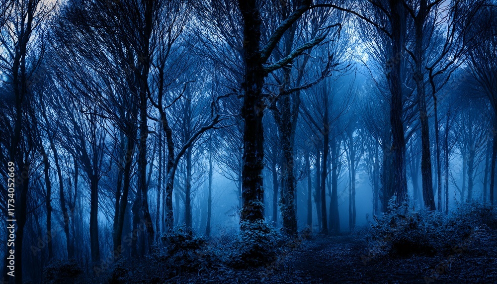 Fototapeta premium A Forest With Trees That Are Dark And Blue
