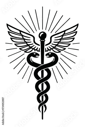 Vintage Caduceus Symbol with Sunburst Vector - Classic Emblem for Medicine, Health, and Success