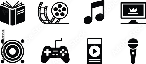 Media and entertainment icons in black and white silhouette style Keywords: media, entertainment