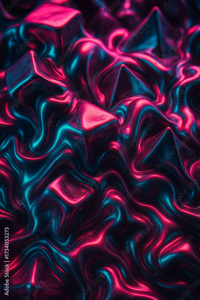 Fototapeta premium Abstract Cyberpunk Surface with Neon Lighting, Melting Metal Texture