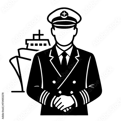 Professional Sea Captain Icon with Large Ship Background Vector Silhouette - Nautical Navigation and Transport Symbol
