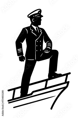 Confident Sea Captain Standing on Ship Bow Icon Vector Silhouette - Nautical Navigation and Transport Symbol