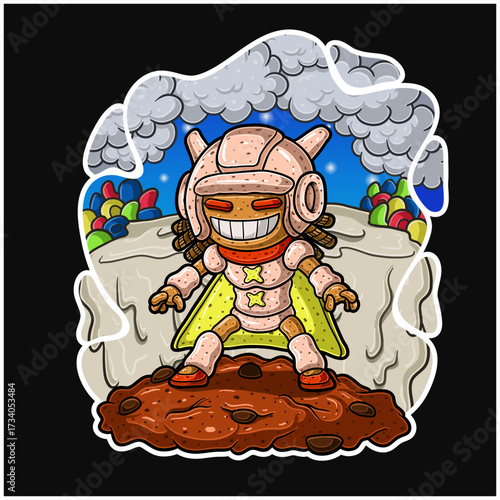 Cute monster cereals on cookies and waterfal milk backgrounds cartoon.