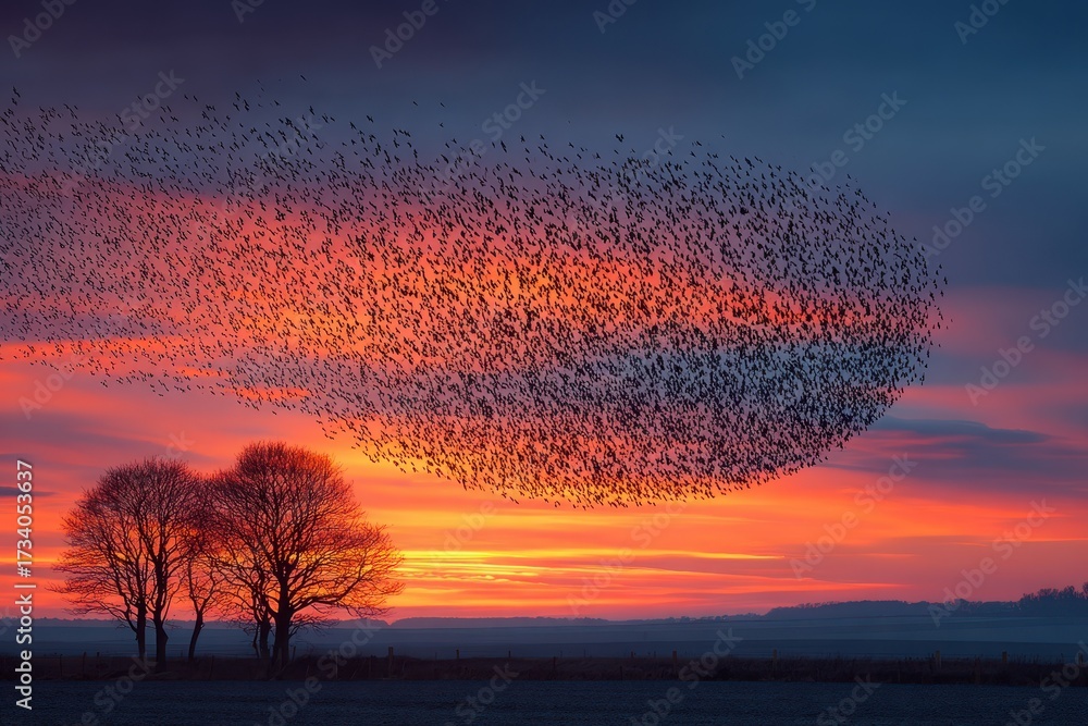 Obraz premium A murmuration of starlings against a brilliant sunset sky