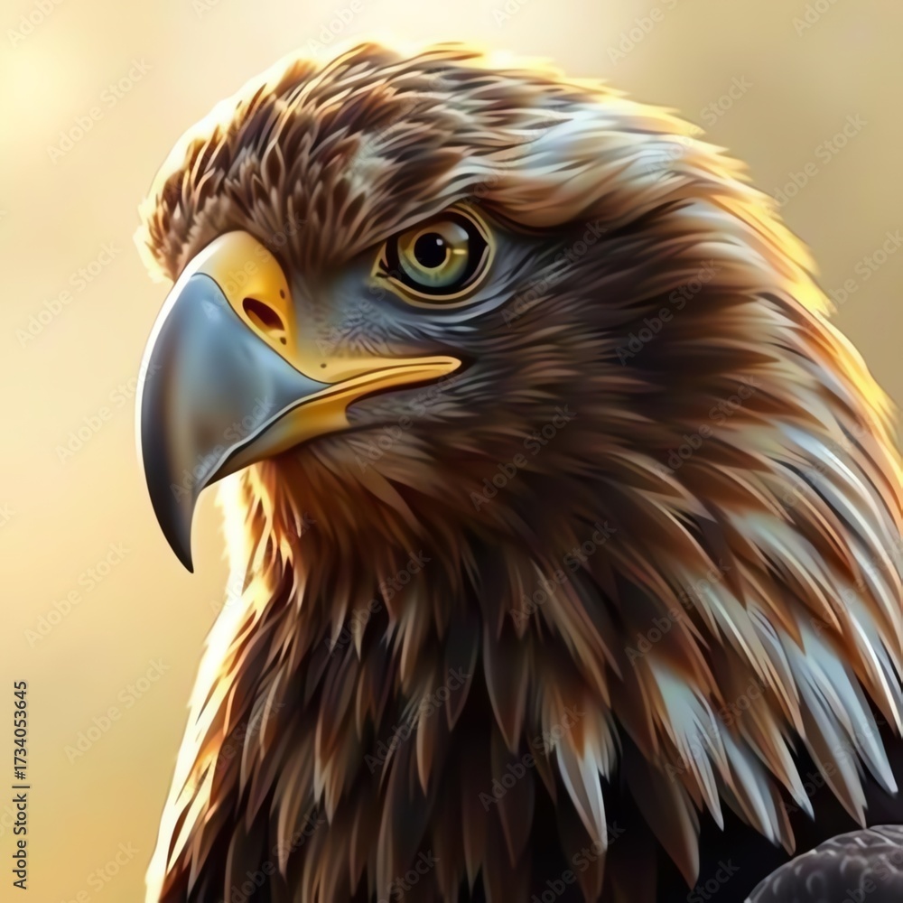 Naklejka premium Majestic eagle portrait, golden feathers, piercing eyes, wild nature beauty.