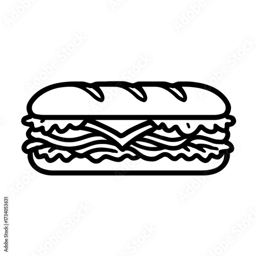 Simple Outline Sub Sandwich with Cheese Icon Vector - Graphic Symbol for Deli, Fast Food, and Restaurant Menu Design