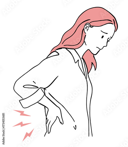 腰痛で苦しむ女性の線画イラスト,体の不調,健康,医療